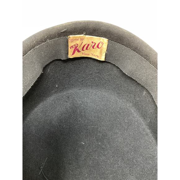 Vintage Karo New York Black Felt Hat Pearl Accent Veil Cocktail Fascinator